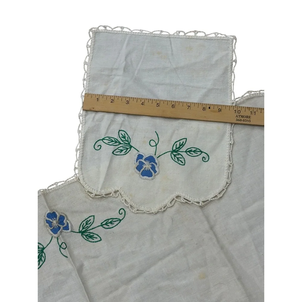 Vintage Hand Embroidered Linen Dresser Scarf Doily Set Blue Pansy Floral 8pc